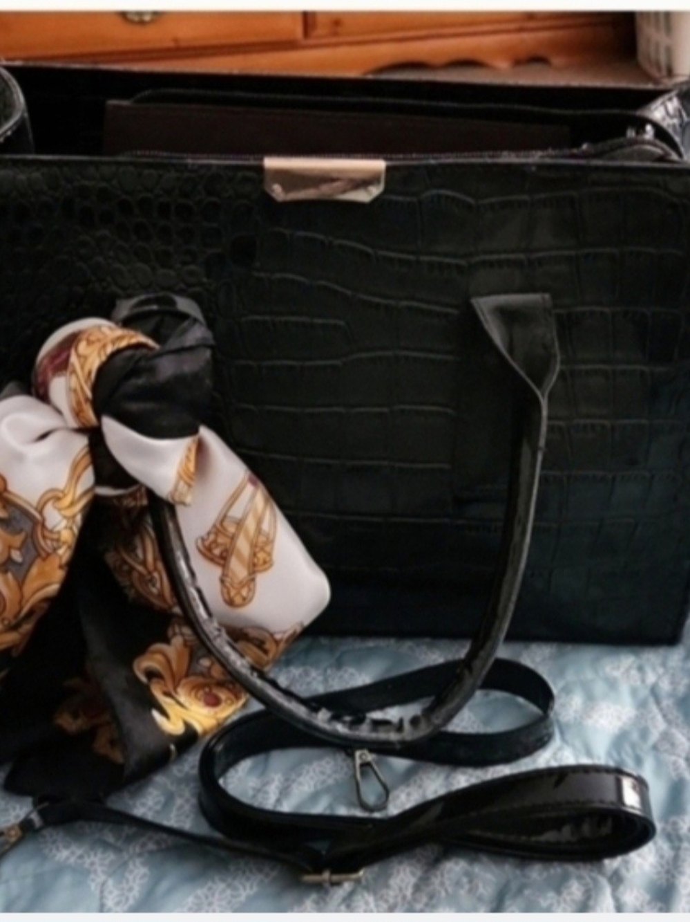 Faux Croc-Embossed Tote Bag with Decorative Scarf